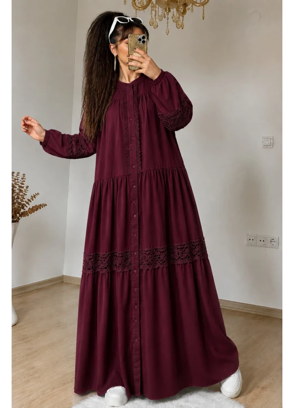 Lavinya Desen Güpür Elbise Bordo
