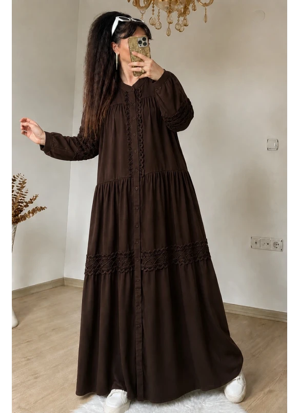 Lavinya Desen Güpür Elbise Kahve