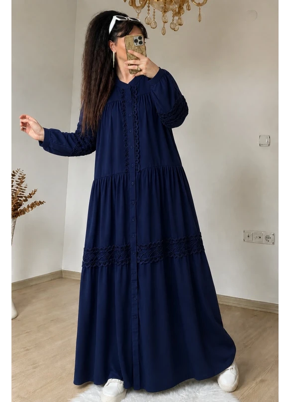 Lavinya Desen Güpür Elbise Lacivert