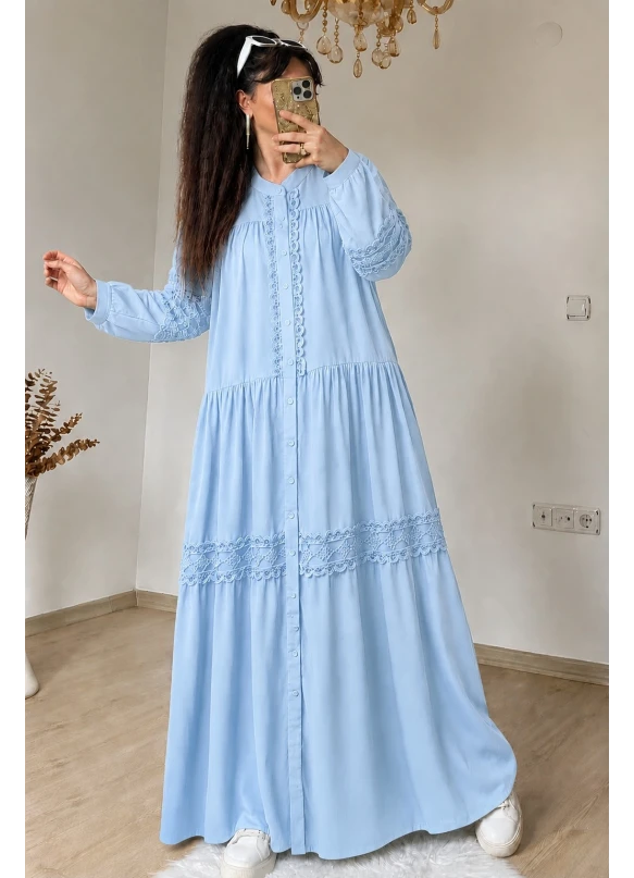 Lavinya Desen Güpür Elbise Mavi