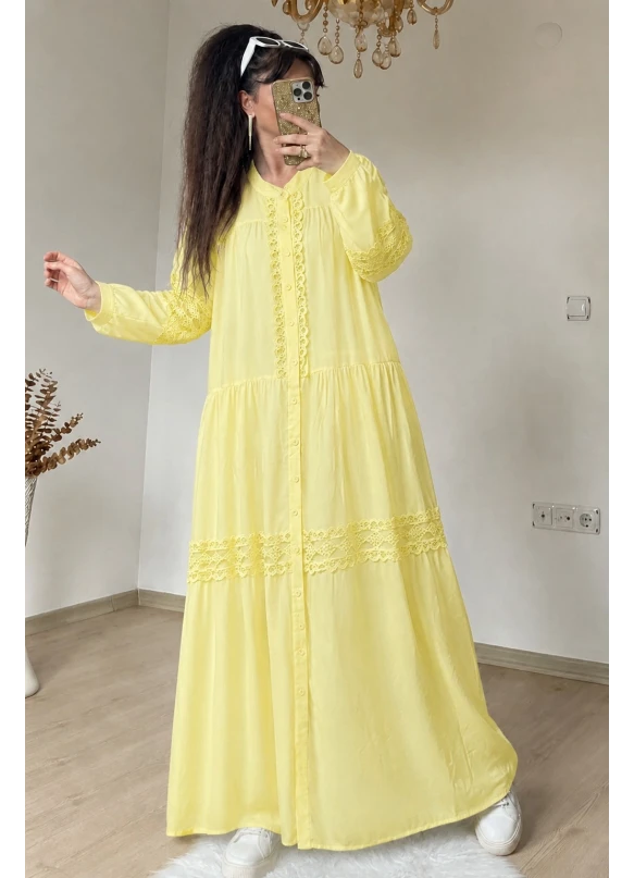 Lavinya Desen Güpür Elbise Sarı