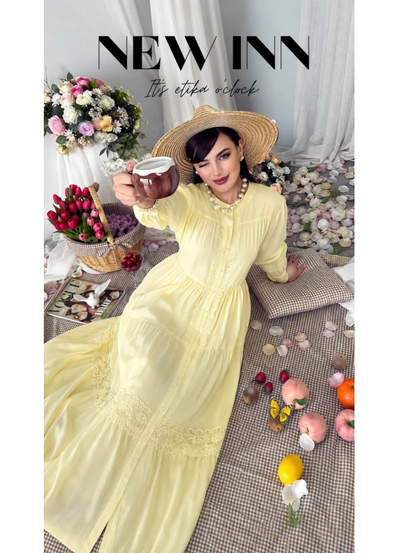 Lavinya Desen Güpür Elbise Sarı