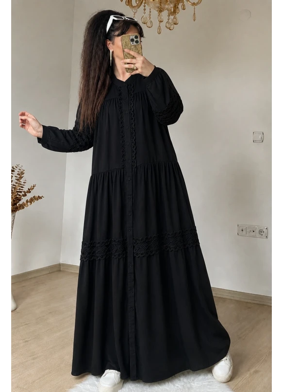 Lavinya Desen Güpür Elbise Siyah