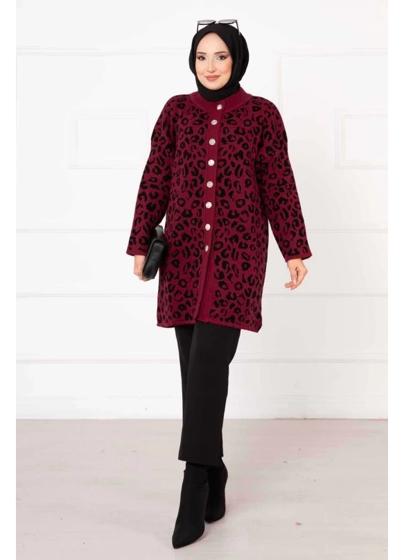Leopar Desenli Düğmeli Hırka Bordo