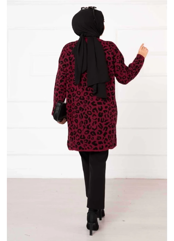 Leopar Desenli Düğmeli Hırka Bordo