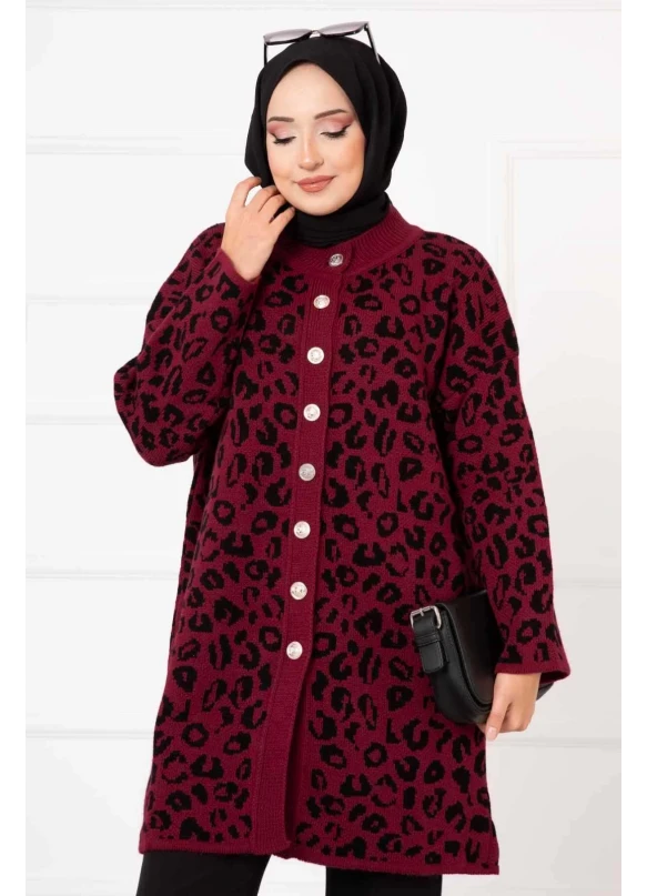 Leopar Desenli Düğmeli Hırka Bordo