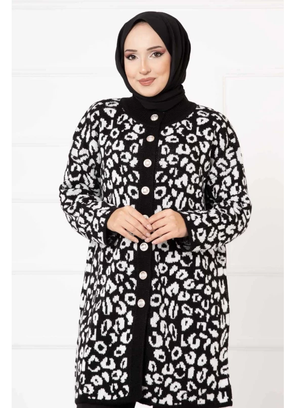 Leopar Desenli Düğmeli Hırka Siyah