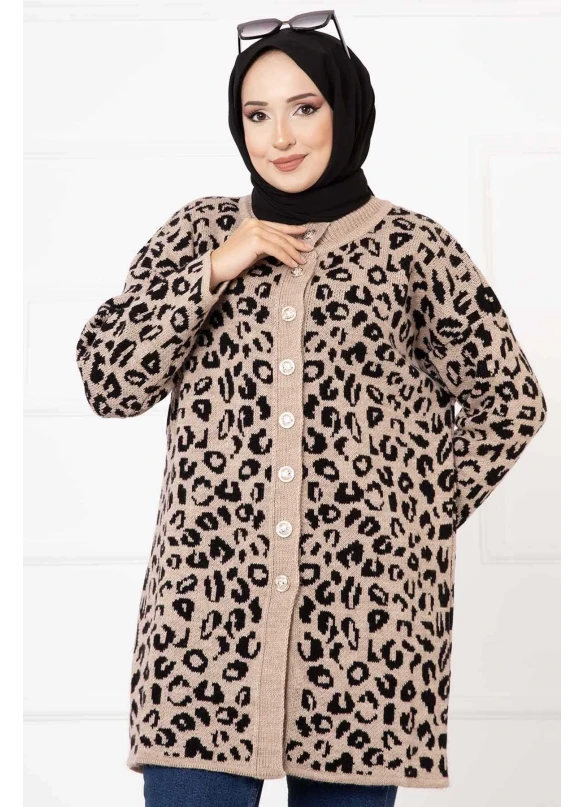 Leopar Desenli Düğmeli Hırka Vizon