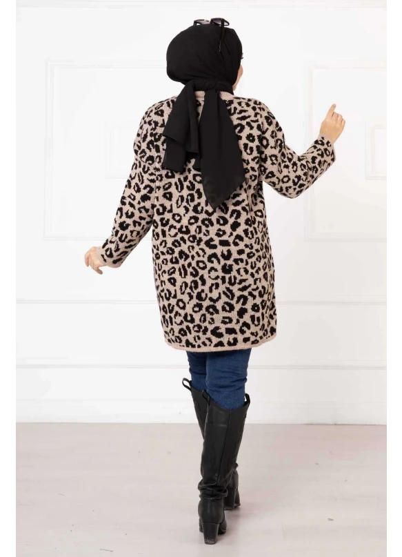 Leopar Desenli Düğmeli Hırka Vizon