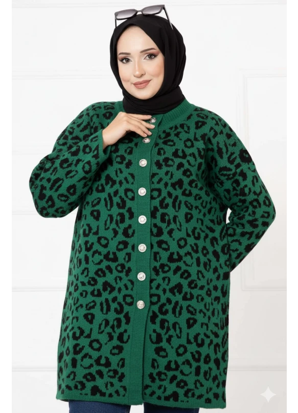 Leopar Desenli Düğmeli Hırka Yeşil