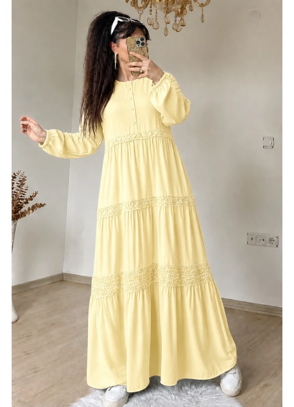 Manolya Desen Dantel Detaylı Elbise Sarı