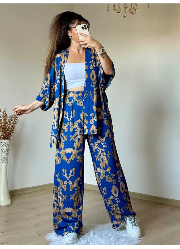 Mavı Motif Desen Kimono Takım