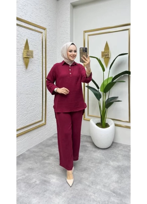 Müslin Pantolon Takım Bordo