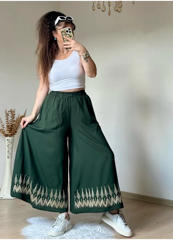 Nakışlı Pantalon Etek Haki