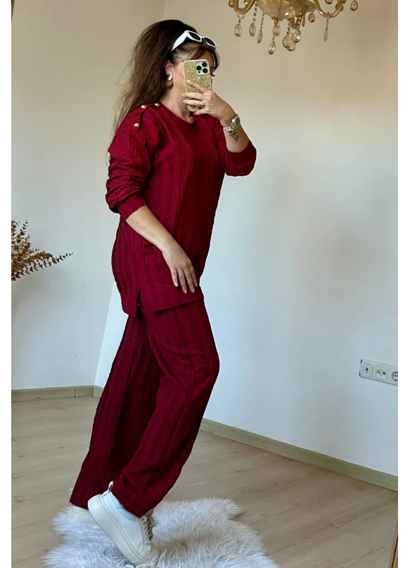 Omuz Gold Düğmeli Takım Bordo