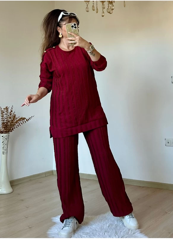 Omuz Gold Düğmeli Takım Bordo