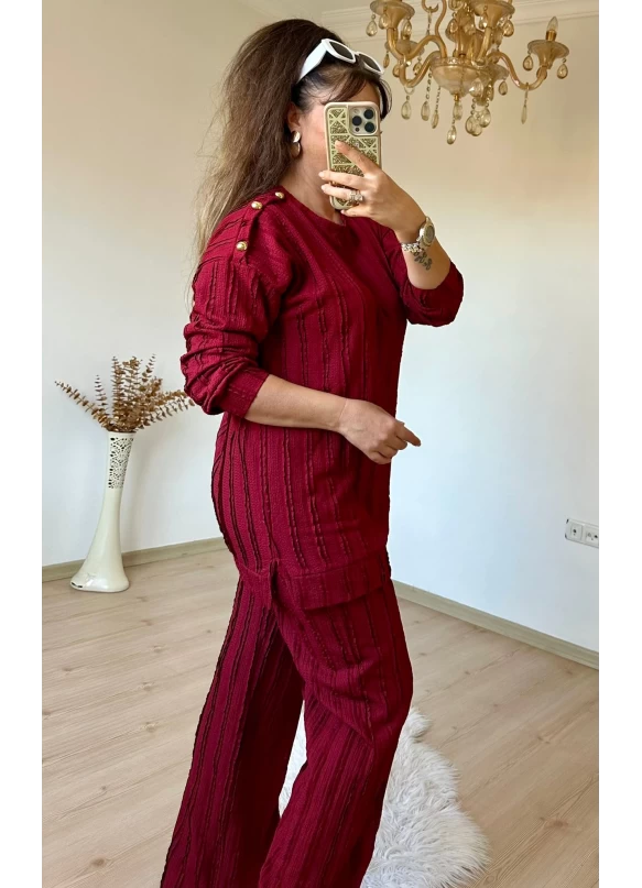 Omuz Gold Düğmeli Takım Bordo