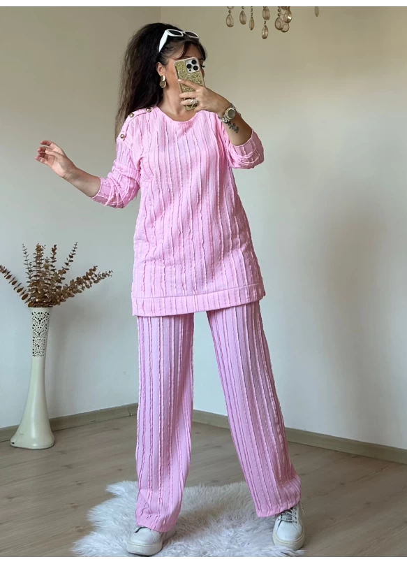 Omuz Gold Düğmeli Takım Pembe