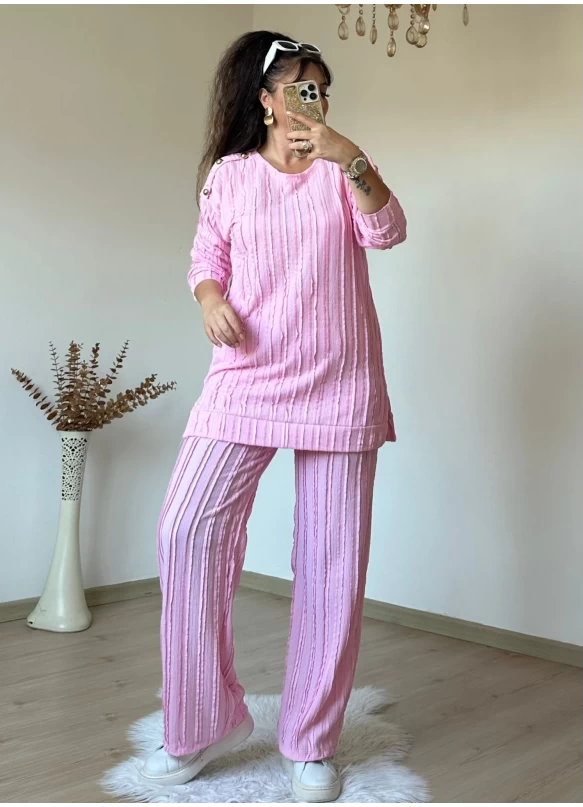 Omuz Gold Düğmeli Takım Pembe