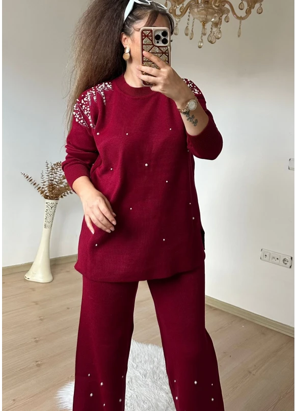 Omuz Ve Paça İncili Taşlı Takım Bordo