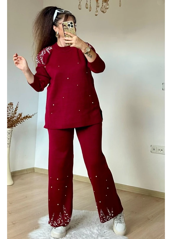 Omuz Ve Paça İncili Taşlı Takım Bordo