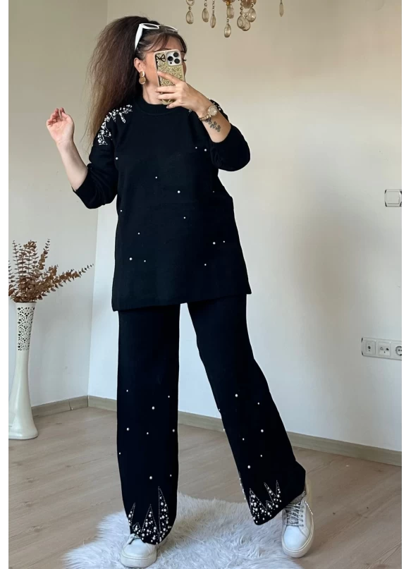 Omuz Ve Paça İncili Taşlı Takım Siyah