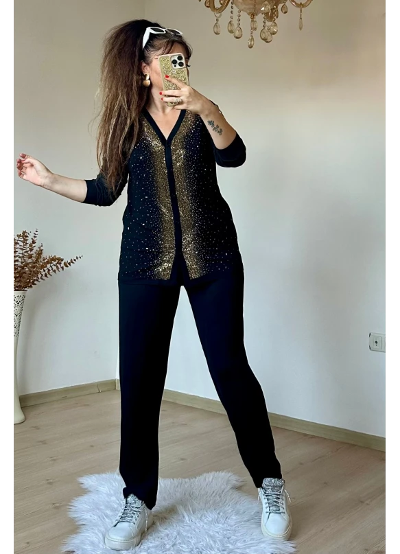 Ön Boydan Gold Taşlı Uzun Kol Takım