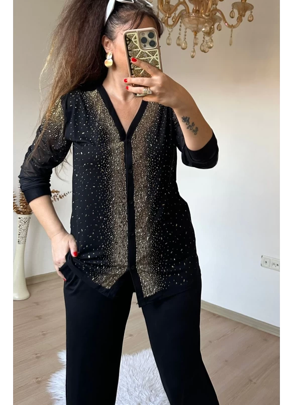 Ön Boydan Gold Taşlı Uzun Kol Takım