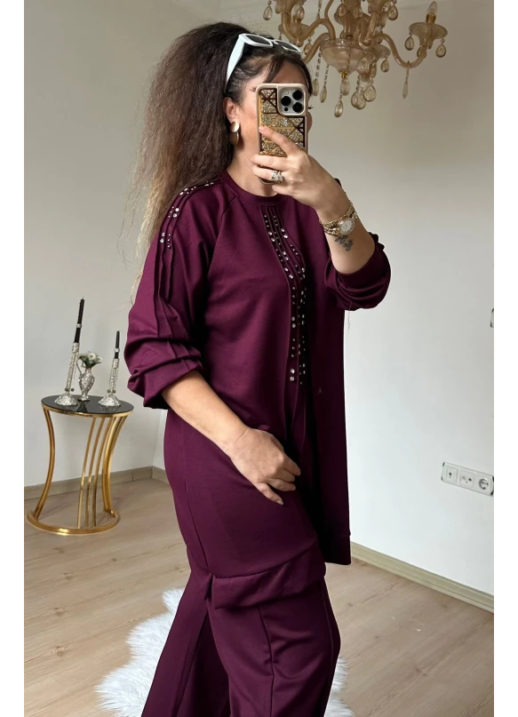 Ön Dikiş Detaylı Taşlı Takım Bordo Büyük Beden