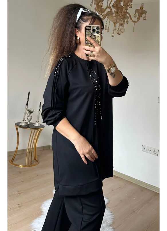 Ön Dikiş Detaylı Taşlı Takım Siyah Büyük Beden