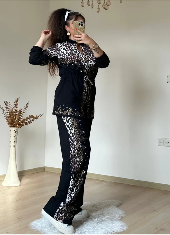 Ön Fermuarlı Taşlı Leopar Takım