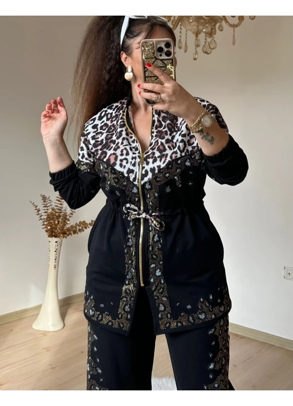 Ön Fermuarlı Taşlı Leopar Takım