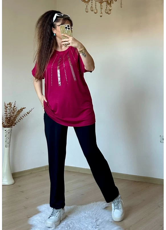 Ön Şerit Taşlı Takım Bordo