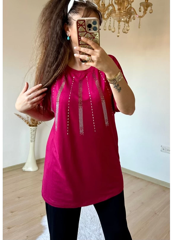 Ön Şerit Taşlı Takım Bordo