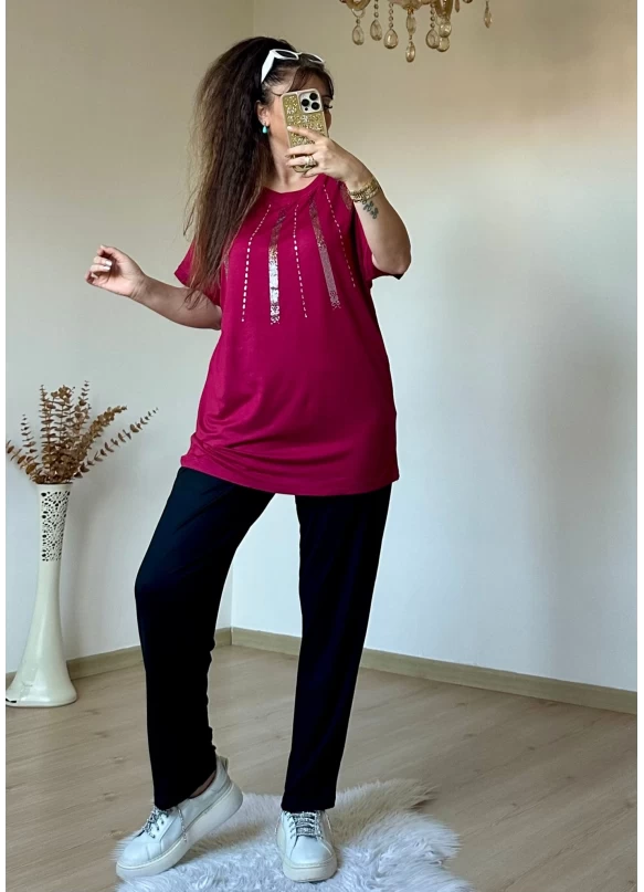 Ön Şerit Taşlı Takım Bordo
