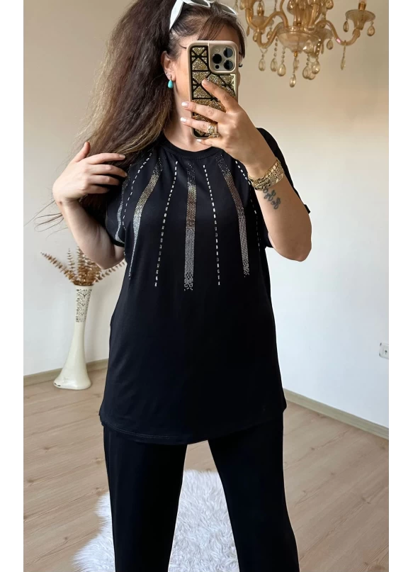 Ön Şerit Taşlı Takım Siyah