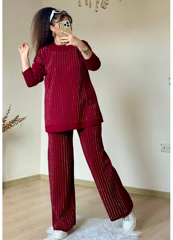 Ön Taşlı Triko Takım Bordo
