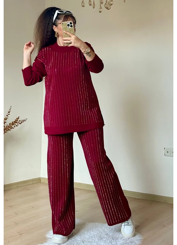 Ön Taşlı Triko Takım Bordo