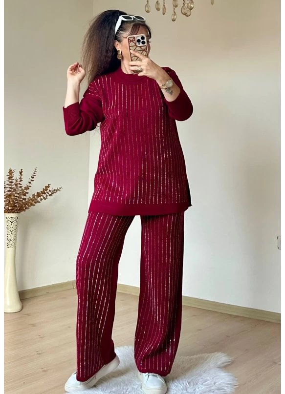 Ön Taşlı Triko Takım Bordo