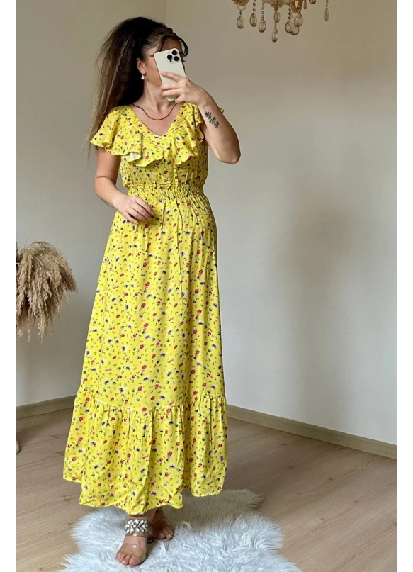Prenses Çıtır Çiçekli Elbise Sarı