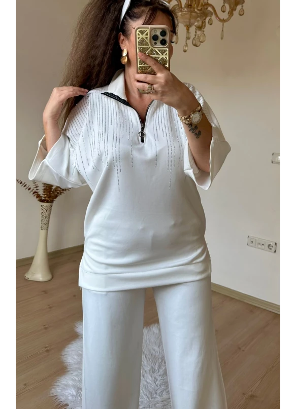 Prenses Taşlı Takım Beyaz