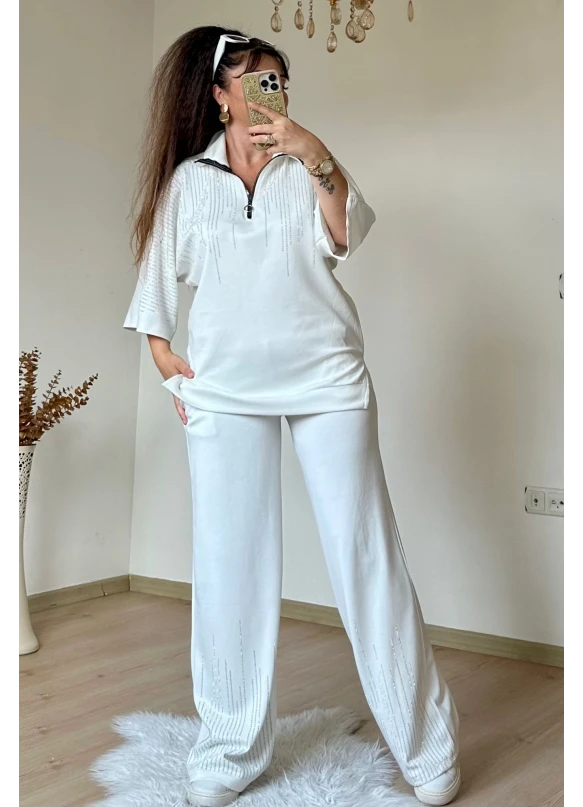 Prenses Taşlı Takım Beyaz