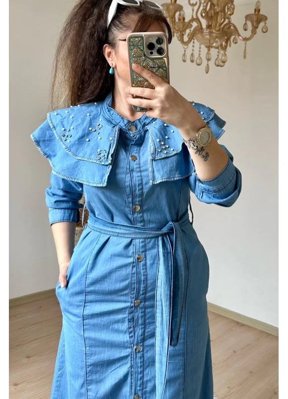 Prenses Yaka Kot Elbise Açık Mavi