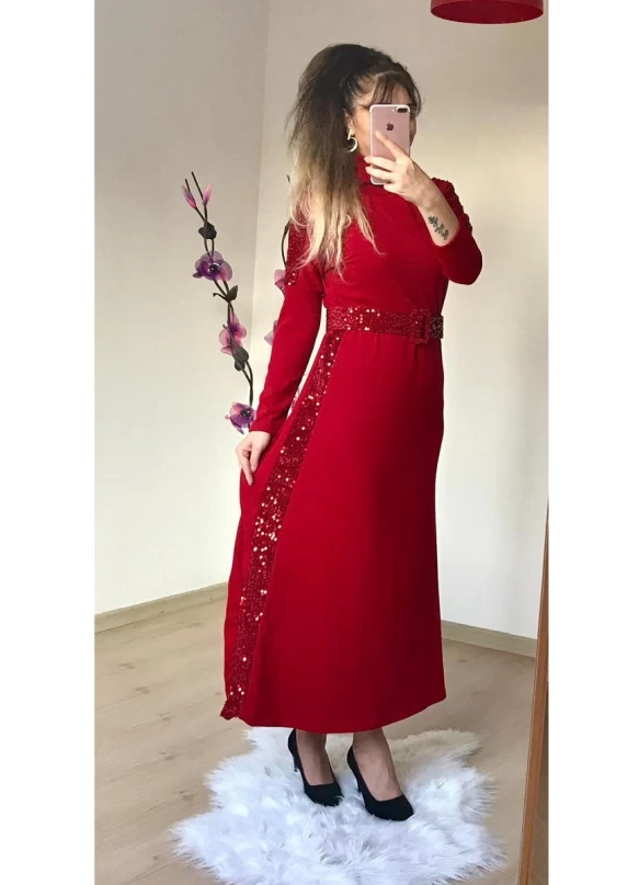 Pul Detaylı Triko Elbise KIRMIZI