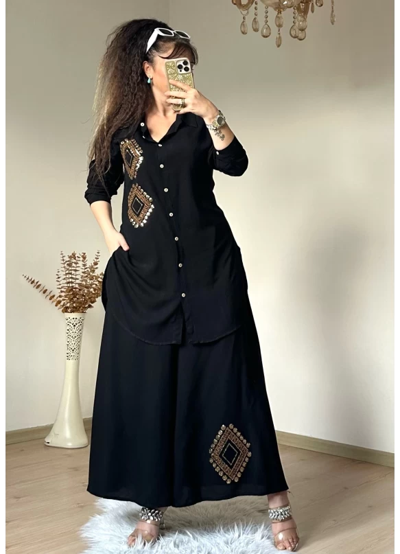 Pul İşlemeli Pantalon Etekli Takım