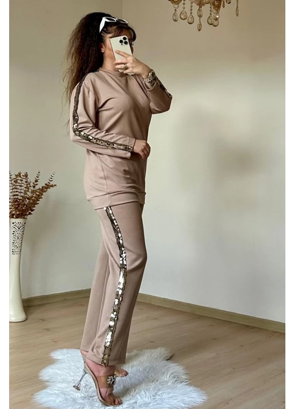 Pul Payet Şerıtlı Takım Bej