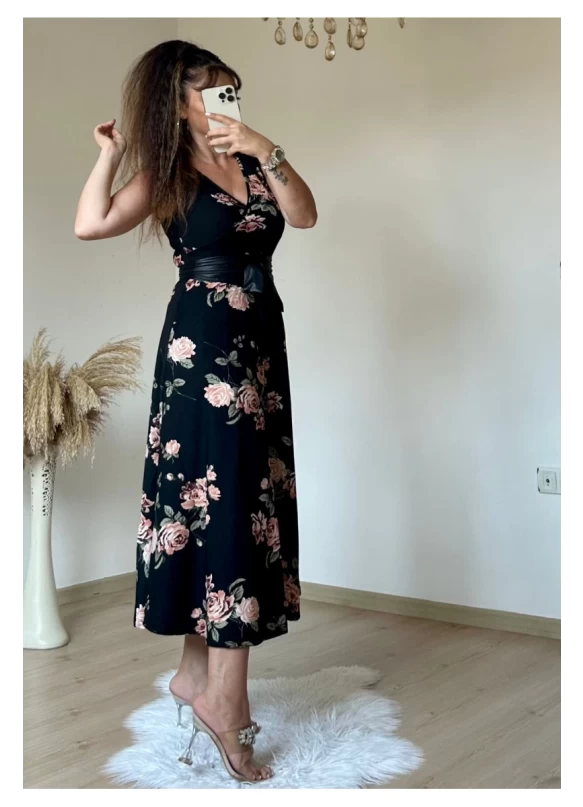 Sıfır Kol Çiçekli Krep Elbise