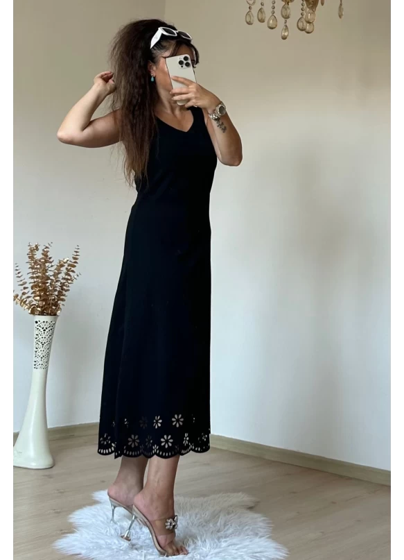 Sıfır Kol Etek Ucu Desenli Elbise Siyah
