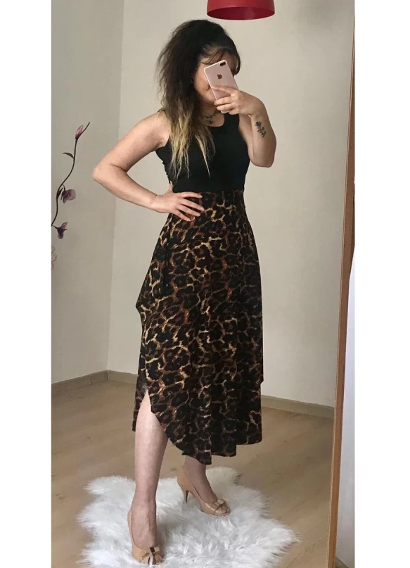 Sıfır Kol Üst Siyah Alt leopar Şalvar Elbise