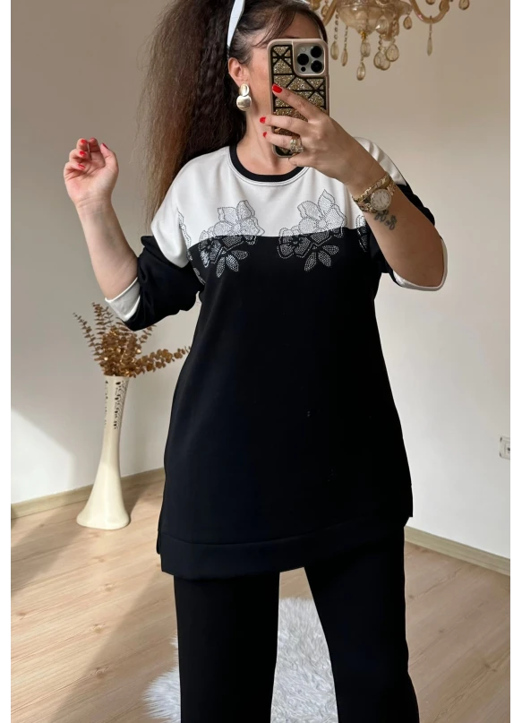 Sıyah Beyaz Çıceklı Takım